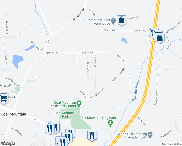 map of restaurants, bars, coffee shops, grocery stores, and more near 4135 Latona Place in Cumming