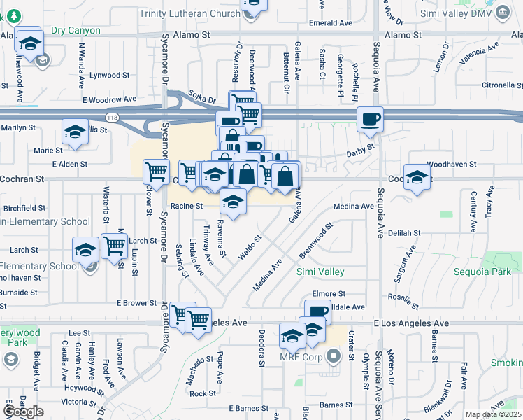 map of restaurants, bars, coffee shops, grocery stores, and more near 3006 Racine Street in Simi Valley