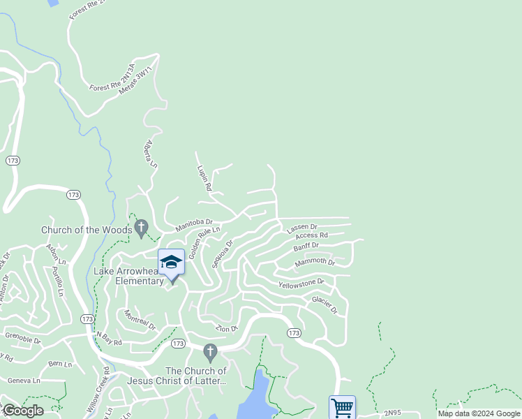 map of restaurants, bars, coffee shops, grocery stores, and more near 28833 Manitoba Drive in Lake Arrowhead