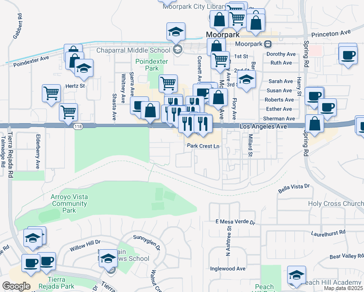 map of restaurants, bars, coffee shops, grocery stores, and more near 75 Park Lane in Moorpark