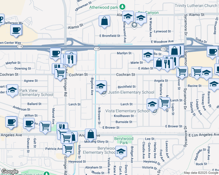 map of restaurants, bars, coffee shops, grocery stores, and more near 2355 North Justin Avenue in Simi Valley