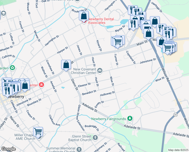 map of restaurants, bars, coffee shops, grocery stores, and more near 2203 Johnstone Street in Newberry