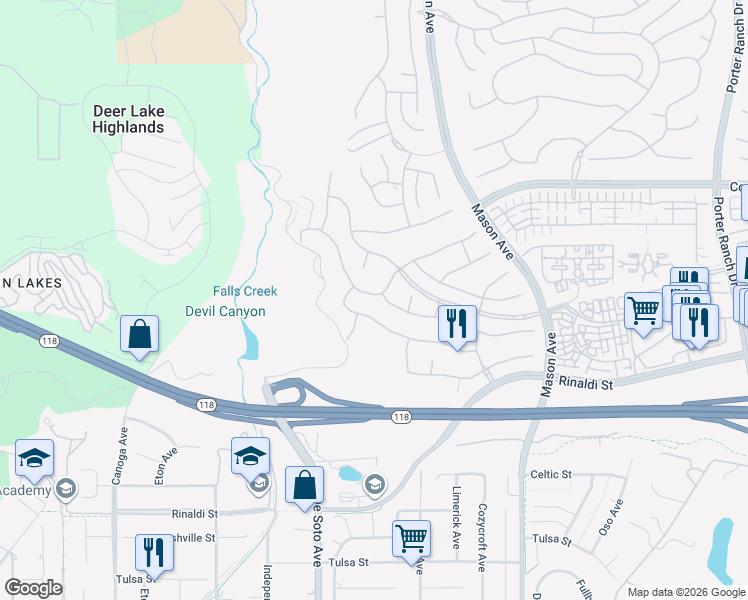 map of restaurants, bars, coffee shops, grocery stores, and more near 20806 Lugano Way in Los Angeles