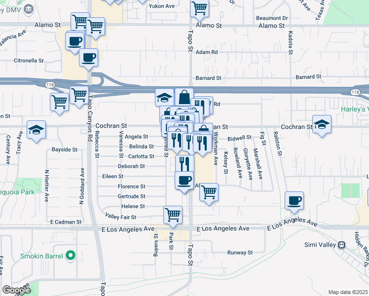 map of restaurants, bars, coffee shops, grocery stores, and more near 2381 Tapo Street in Simi Valley