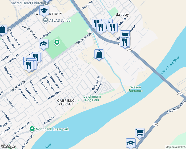 map of restaurants, bars, coffee shops, grocery stores, and more near 1546 Daffodil Avenue in Ventura