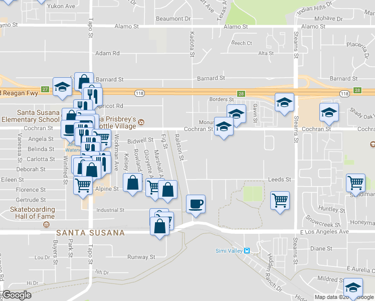 map of restaurants, bars, coffee shops, grocery stores, and more near 4798 Gwin Court in Simi Valley