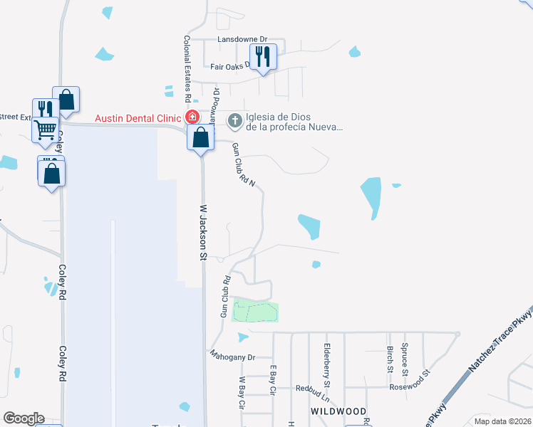 map of restaurants, bars, coffee shops, grocery stores, and more near 1712 N Gun Club North in Tupelo