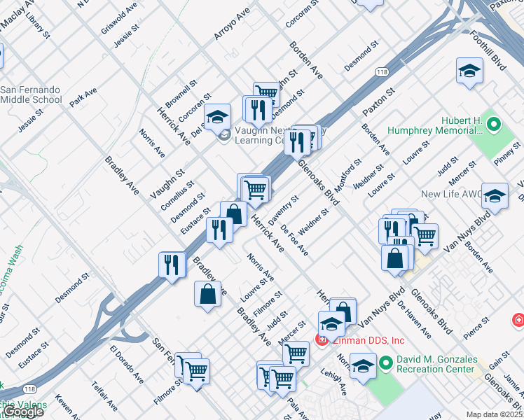 map of restaurants, bars, coffee shops, grocery stores, and more near 13209 Paxton Street in Los Angeles