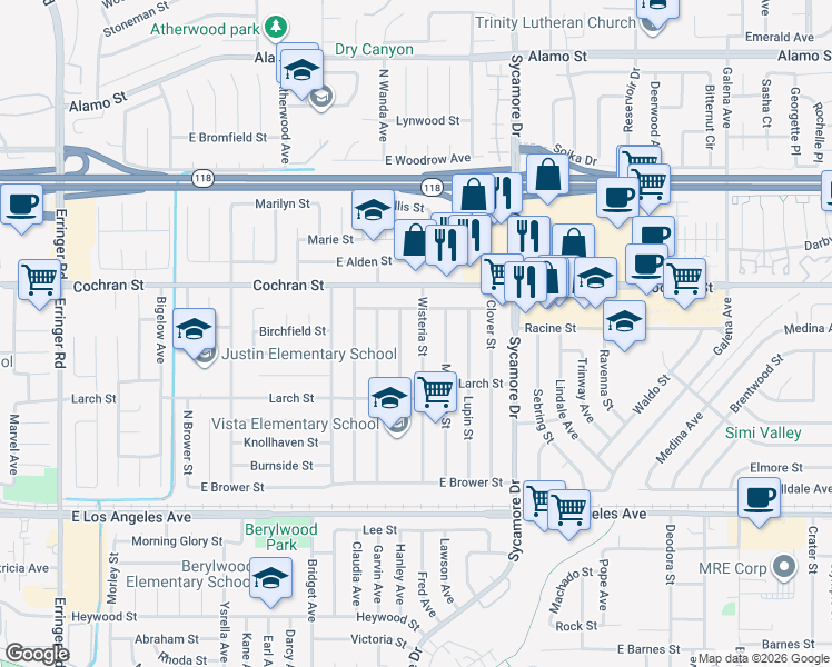 map of restaurants, bars, coffee shops, grocery stores, and more near 2325 Wisteria Street in Simi Valley