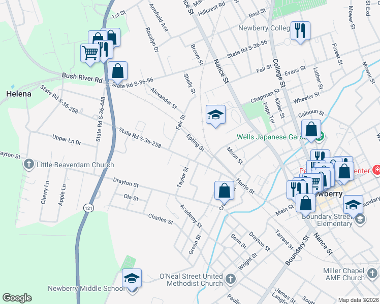 map of restaurants, bars, coffee shops, grocery stores, and more near 1911 Epting Street in Newberry