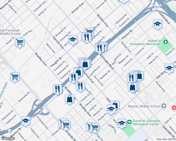 map of restaurants, bars, coffee shops, grocery stores, and more near 13226 Paxton Street in Los Angeles