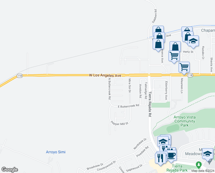 map of restaurants, bars, coffee shops, grocery stores, and more near 4895 North Buttercreek Road in Moorpark