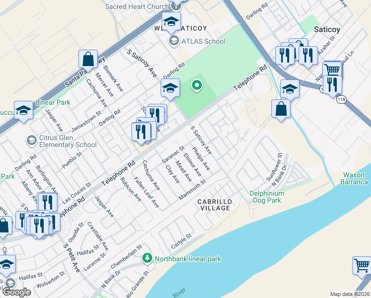 map of restaurants, bars, coffee shops, grocery stores, and more near 1225 Phelps Avenue in Ventura