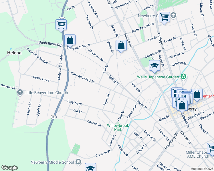 map of restaurants, bars, coffee shops, grocery stores, and more near 1911 Epting Street in Newberry