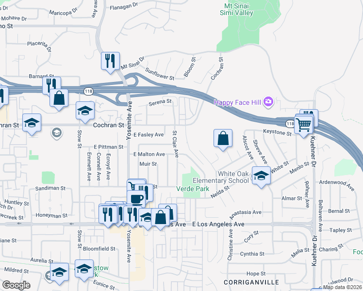 map of restaurants, bars, coffee shops, grocery stores, and more near 2348 Saint Clair Avenue in Simi Valley