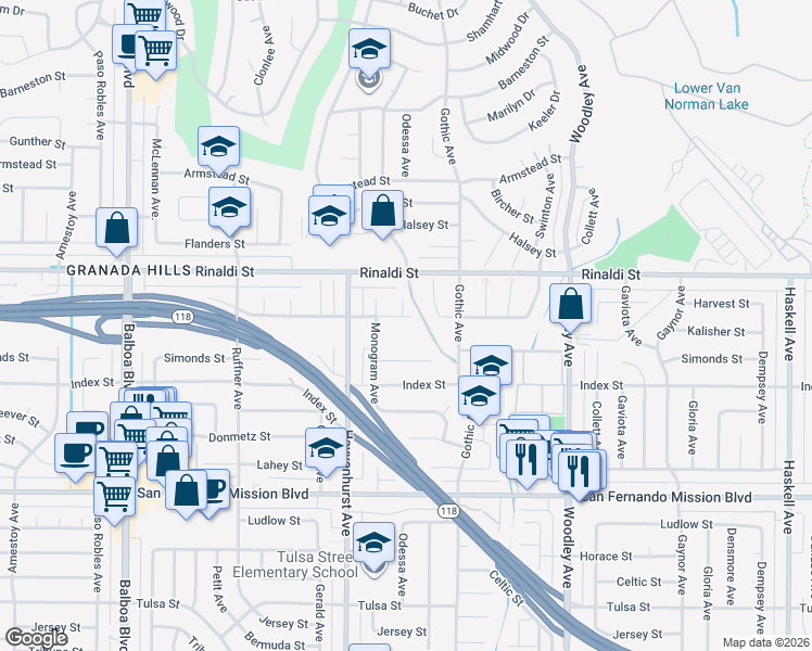 map of restaurants, bars, coffee shops, grocery stores, and more near 16458 Kalisher Street in Los Angeles
