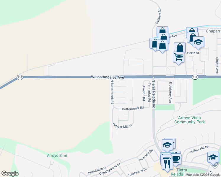 map of restaurants, bars, coffee shops, grocery stores, and more near 4895 North Buttercreek Road in Moorpark