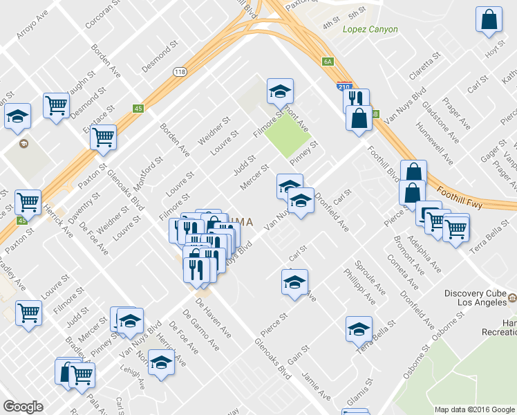 map of restaurants, bars, coffee shops, grocery stores, and more near 12601 Van Nuys Boulevard in Los Angeles