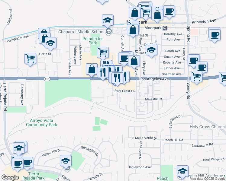 map of restaurants, bars, coffee shops, grocery stores, and more near 75 Park Lane in Moorpark
