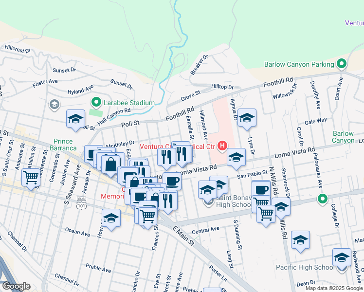 map of restaurants, bars, coffee shops, grocery stores, and more near 308 North Dos Caminos Avenue in Ventura
