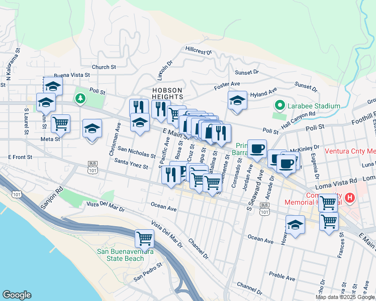 map of restaurants, bars, coffee shops, grocery stores, and more near 1954 East Main Street in Ventura