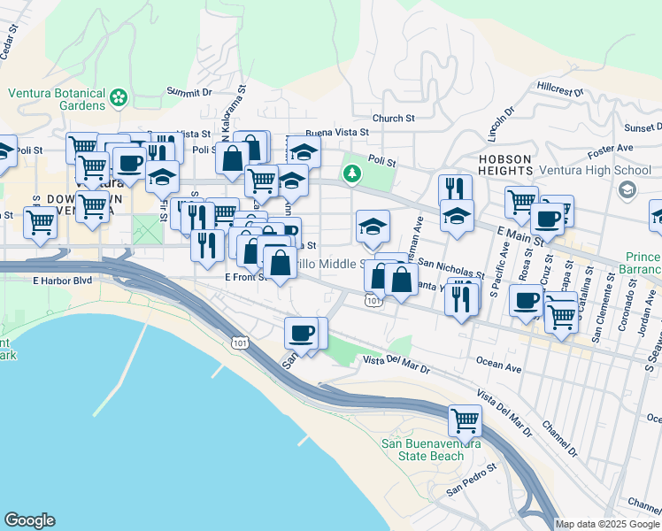 map of restaurants, bars, coffee shops, grocery stores, and more near 1256 Meta Street in Ventura