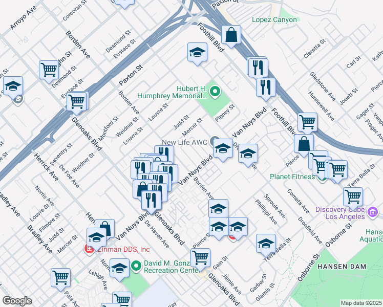 map of restaurants, bars, coffee shops, grocery stores, and more near 12601 Van Nuys Boulevard in Los Angeles