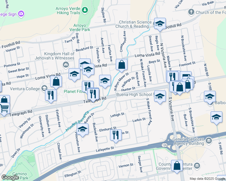 map of restaurants, bars, coffee shops, grocery stores, and more near 5403 North Bryn Mawr Street in Ventura