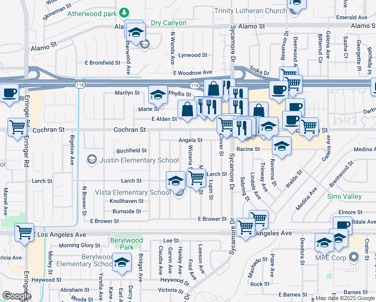 map of restaurants, bars, coffee shops, grocery stores, and more near 2325 Wisteria Street in Simi Valley