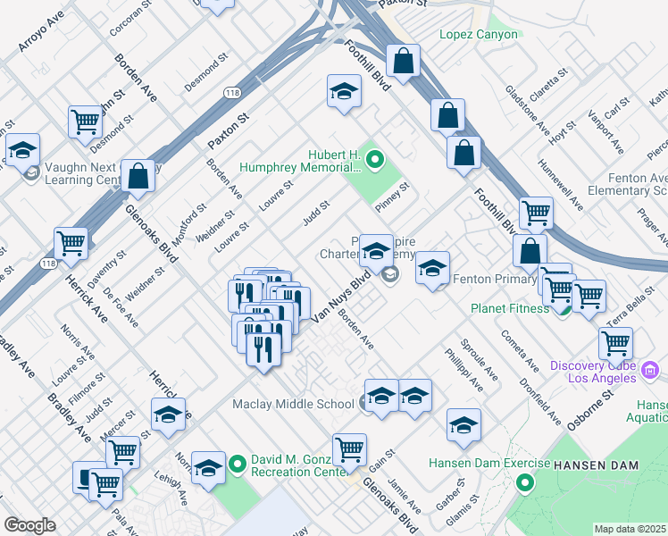 map of restaurants, bars, coffee shops, grocery stores, and more near 12601 Van Nuys Blvd in Pacoima