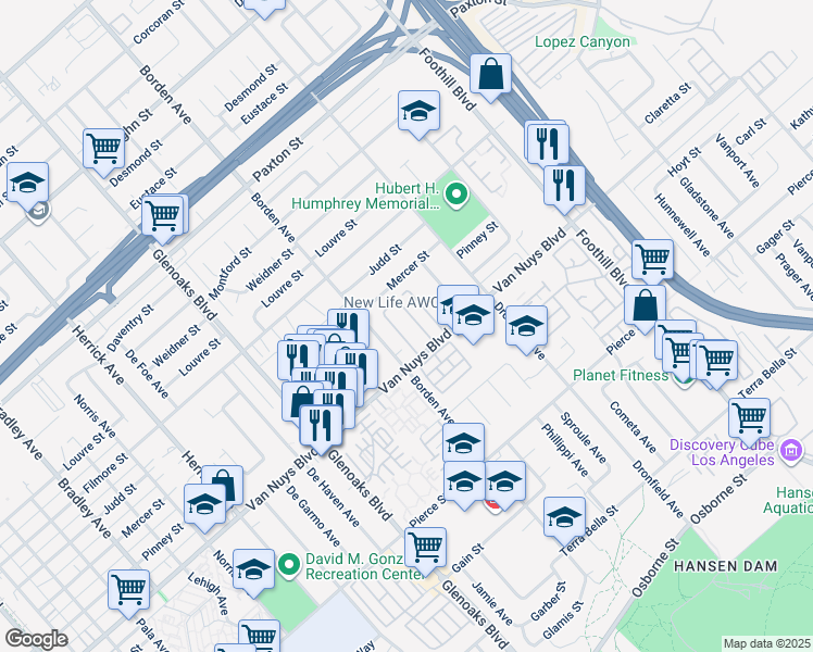 map of restaurants, bars, coffee shops, grocery stores, and more near 12601 Van Nuys Boulevard in Los Angeles