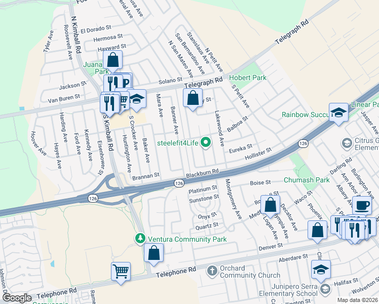 map of restaurants, bars, coffee shops, grocery stores, and more near 277 Dana Point Avenue in Ventura