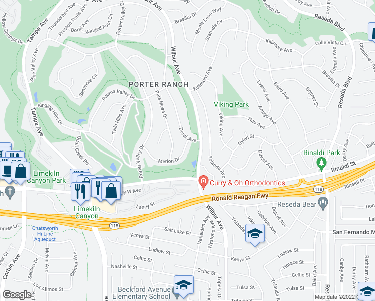 map of restaurants, bars, coffee shops, grocery stores, and more near 19018 Merion Drive in Los Angeles