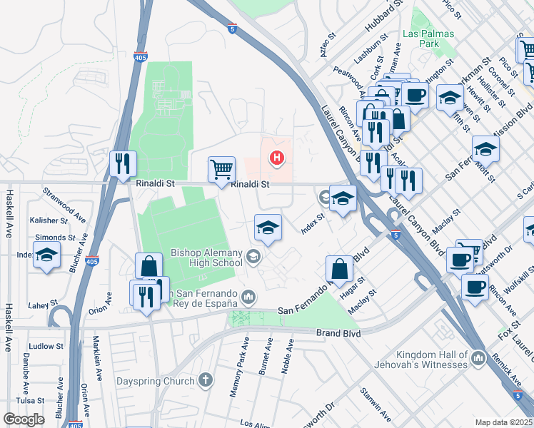 map of restaurants, bars, coffee shops, grocery stores, and more near 15046 Kalisher Street in Mission Hills
