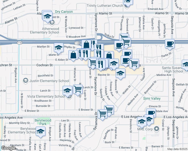 map of restaurants, bars, coffee shops, grocery stores, and more near 2317 Sycamore Drive in Simi Valley