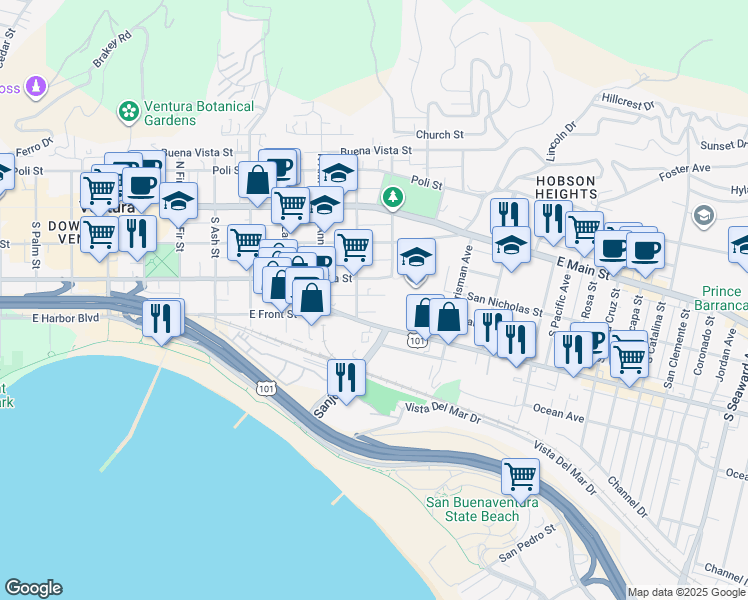 map of restaurants, bars, coffee shops, grocery stores, and more near 1256 Meta Street in Ventura