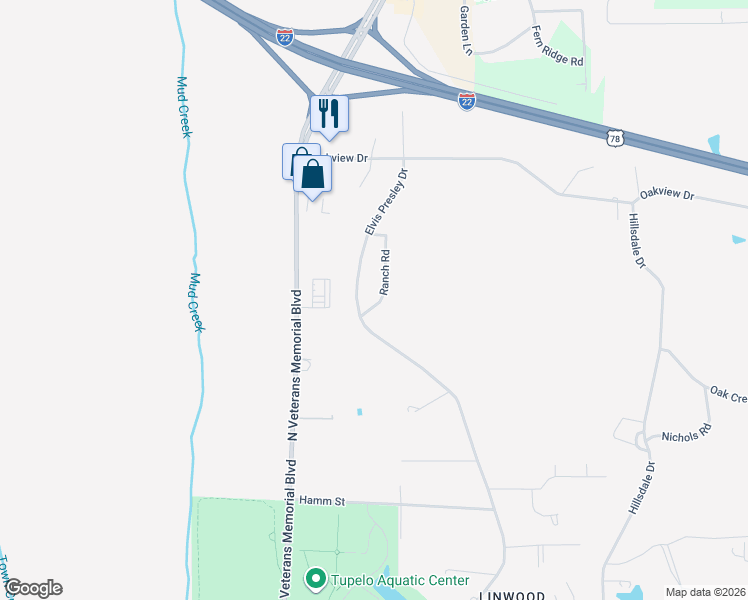 map of restaurants, bars, coffee shops, grocery stores, and more near 1767 Ranch Road in Tupelo