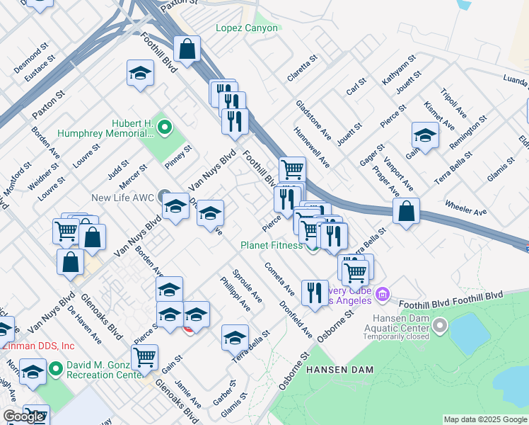 map of restaurants, bars, coffee shops, grocery stores, and more near 12301 Inspire Lane in Los Angeles
