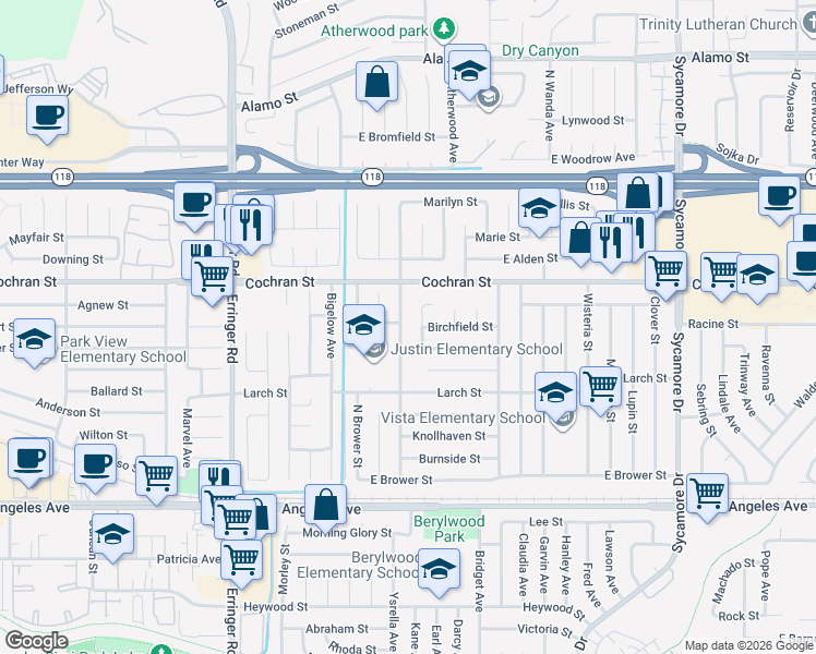 map of restaurants, bars, coffee shops, grocery stores, and more near 2332 North Justin Avenue in Simi Valley