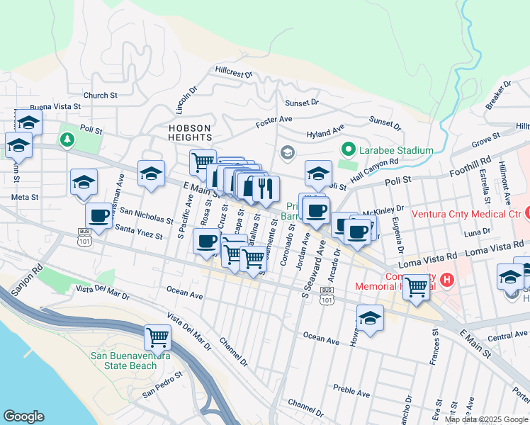 map of restaurants, bars, coffee shops, grocery stores, and more near East Main Street in Ventura