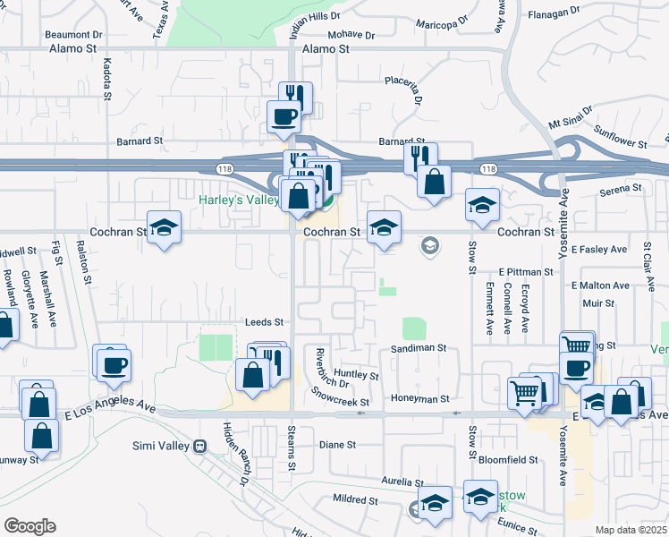 map of restaurants, bars, coffee shops, grocery stores, and more near 2335 Archwood Lane in Simi Valley