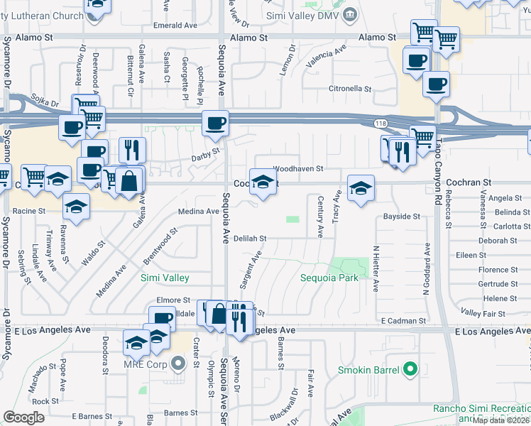 map of restaurants, bars, coffee shops, grocery stores, and more near 3570 Cochran Street in Simi Valley