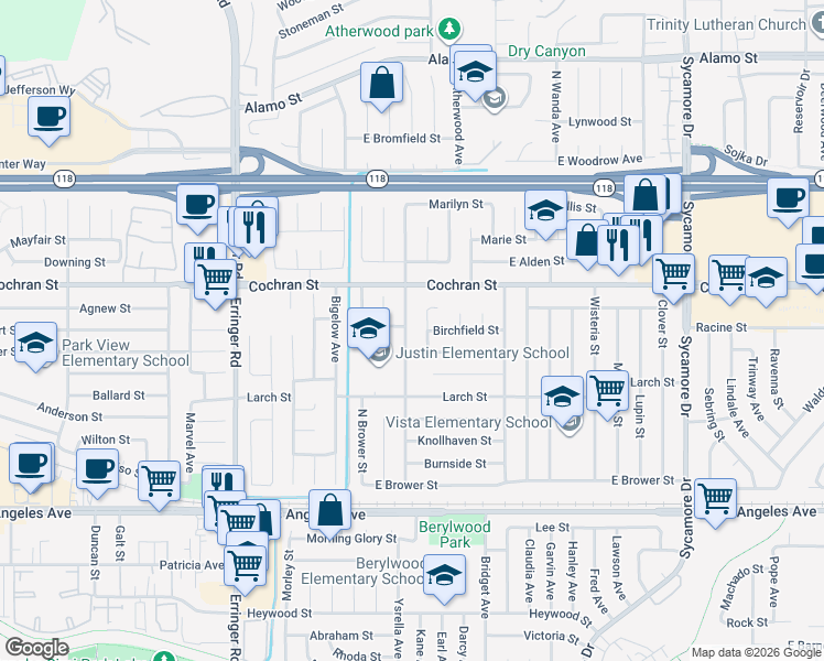 map of restaurants, bars, coffee shops, grocery stores, and more near 2332 North Justin Avenue in Simi Valley