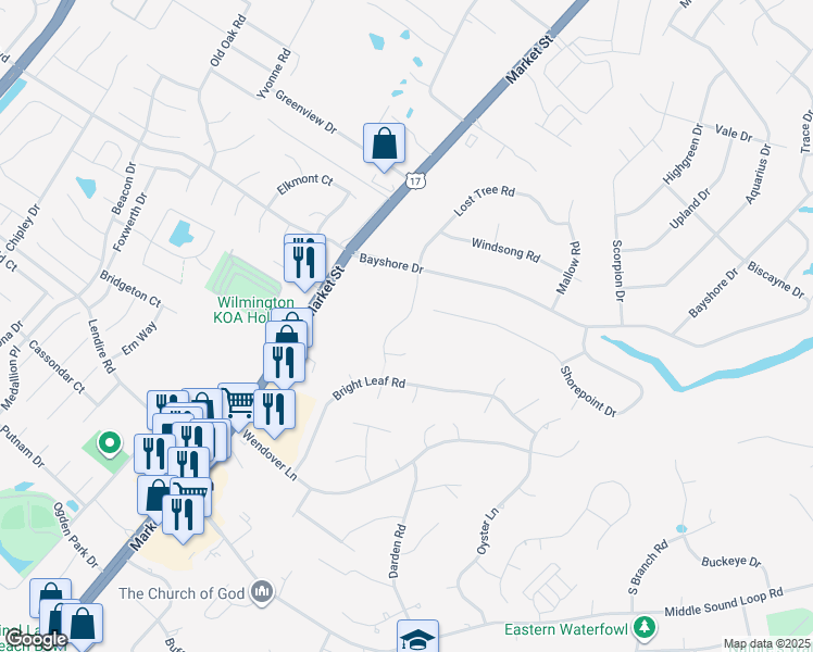 map of restaurants, bars, coffee shops, grocery stores, and more near 7450 Thais Trail in Wilmington