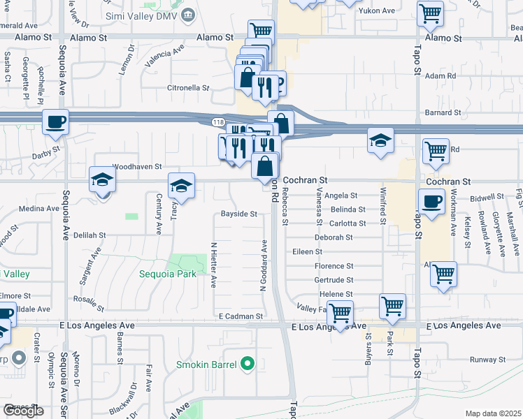 map of restaurants, bars, coffee shops, grocery stores, and more near 3969 Bayside Street in Simi Valley