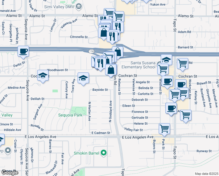 map of restaurants, bars, coffee shops, grocery stores, and more near 3969 Bayside Street in Simi Valley