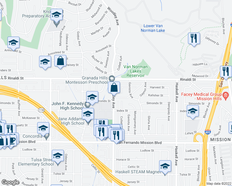 map of restaurants, bars, coffee shops, grocery stores, and more near 11406 Woodley Avenue in Los Angeles