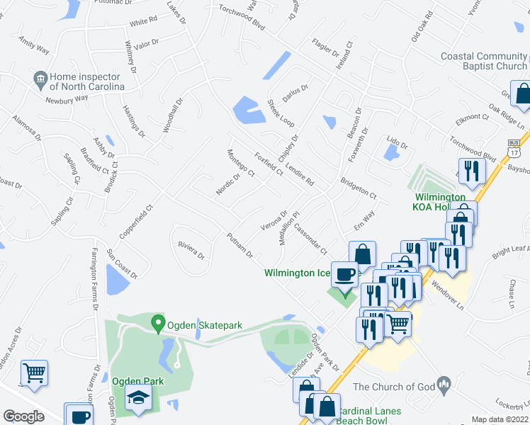 map of restaurants, bars, coffee shops, grocery stores, and more near 7236 Culloden Court in Wilmington