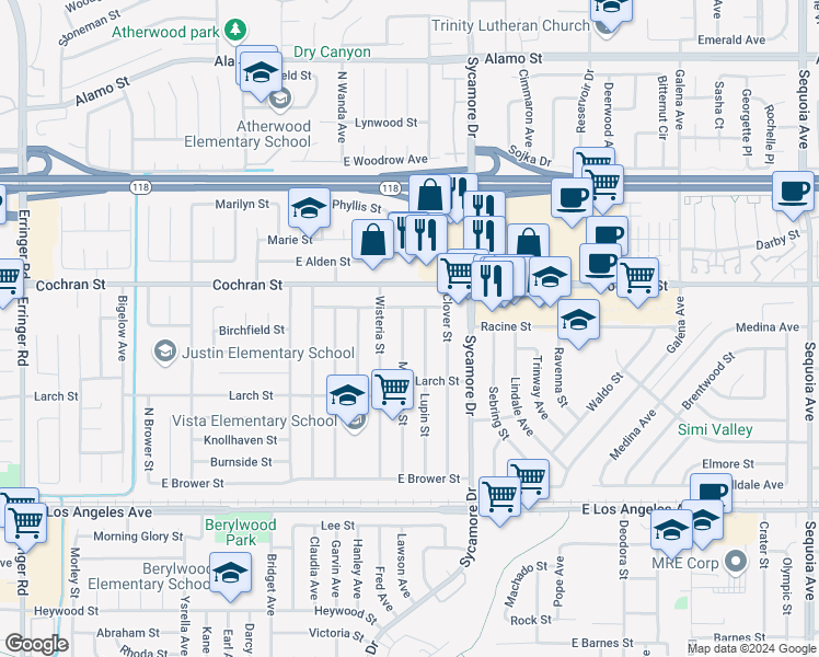 map of restaurants, bars, coffee shops, grocery stores, and more near 2320 Magnolia Street in Simi Valley