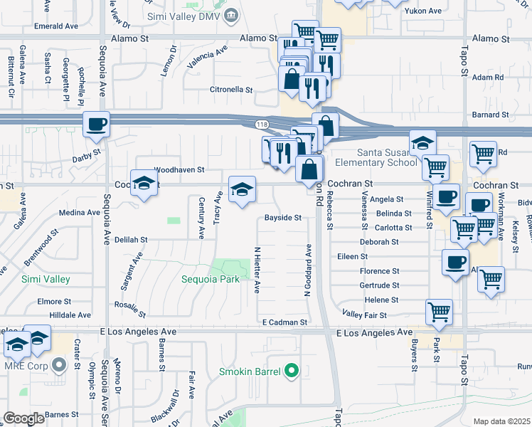 map of restaurants, bars, coffee shops, grocery stores, and more near 3845 Bayside Street in Simi Valley